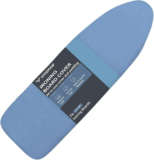 VividPaw Ironing Board Cover and Pad, 15x48,15x49, Thick Padding, Elastic Edge, Silicone Coated, Resist Scorching and Staining, Adjustable Fastener, Heavy Duty Padded Iron Board Covers