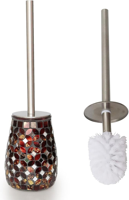 Handmade Mosaic Toilet Brush and Holder Set, Decorative Brown Glass Toilet Bowl Brush with Stainless Steel Handle, Luxury Bathroom Accessories Set, Mosaic Bathroom Decor, Weighted Base