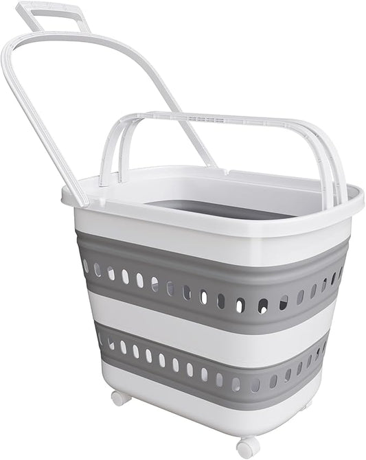 Collapsible Plastic Rolling Laundry Basket Hamper with Wheels, 45L Portable Rubber Clothes Basket, Pop Up Storage Container/Organizer for Washing & Storage, Grey