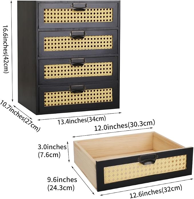 GoooodGIFT Wooden Drawers Large Wooden Box with Drawer, Black | 4 Drawer Wood Storage Box , Vintage Desktop Organizer with Drawers, Desk Organizers for Library Card Catalog Cabinet