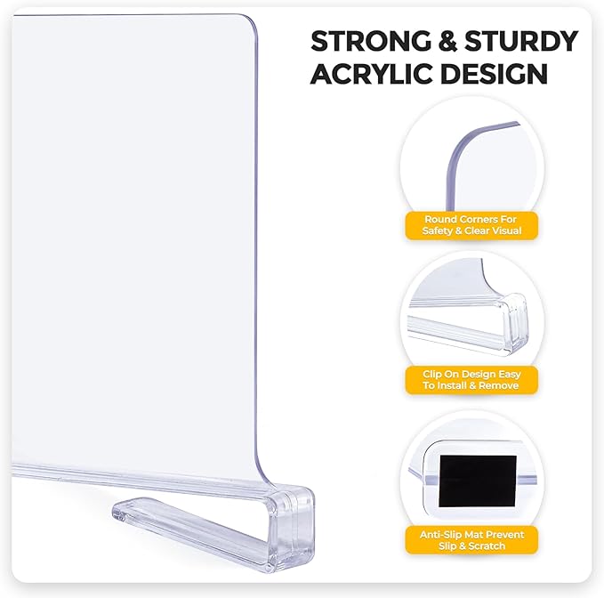 Clear Acrylic Shelf Dividers for Closets Organizer & Storage,6 Pack | Adjustable Vertical Wood Shelf Closet Separators, Keep Clean, for Clothes,Book,Bags, in Bedroom and Kitchen