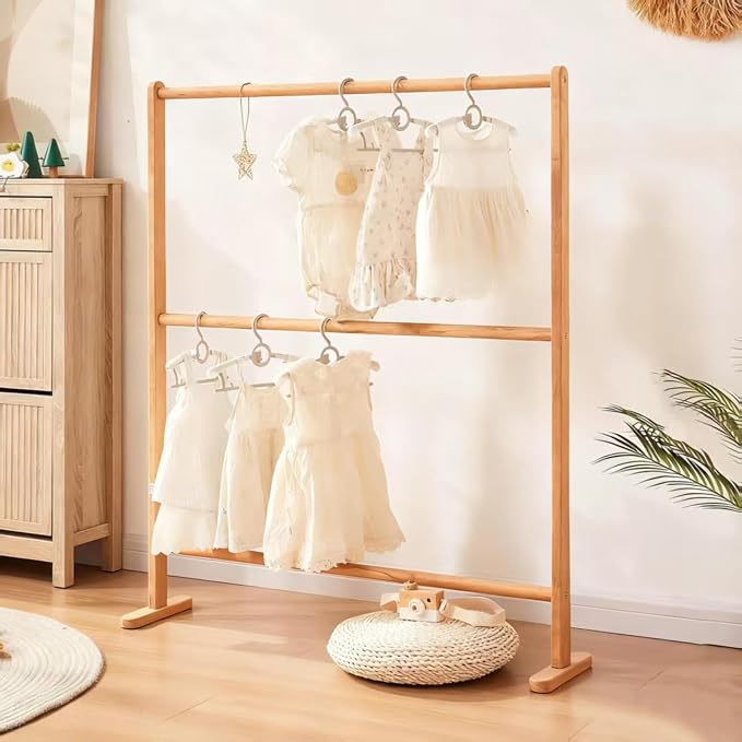 Kids Clothing Rack, Beech Wood Small Baby Clothes Rack,Kids Dress Up Rack Storage,Kids Room Bedroom Decor for Laundry Drying,Floor Standing,Portable(27.6" L)