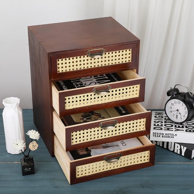 GoooodGIFT Wooden Drawers Large Wooden Box with Drawer, Brown | 4 Drawer Wood Storage Box , Vintage Desktop Organizer with Drawers, Desk Organizers for Library Card Catalog Cabinet