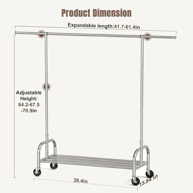 Clothing Garment Rack, 530LBS Capacity Rolling Clothes Rack on Wheels, Adjustable Clothing Hanging Rack, Heavy Duty Commercial