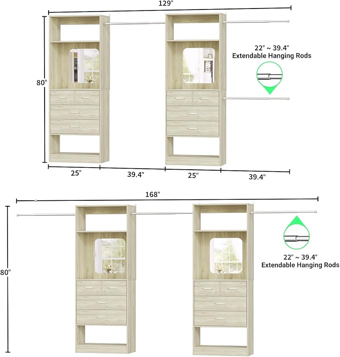 Unikito Closet System, 6-14FT Walk in Closet Organizer with 8 Drawers and Mirror, 168" Wood Closets Insert with Tower, Sturdy Wardrobe Closets Garment Rack with Extendable Hanging Rods, White Oak