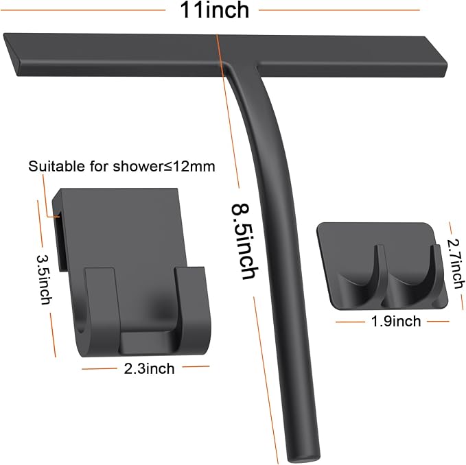 Silicone Shower Squeegee, Black, 11inch | All-Purpose, With Hook, For Shower Glass Door Window Mirror Tile Car Walls
