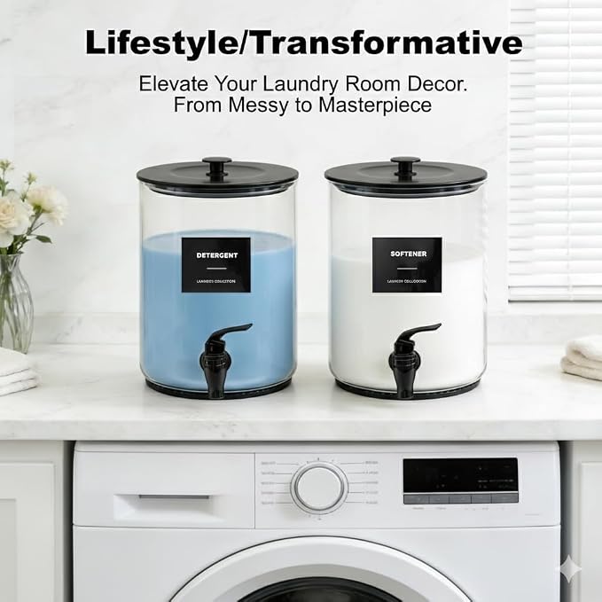 Glass Laundry Detergent Dispenser for Laundry Room Organization-Black | 1 Gallon Large Liquid Soap Dispenser with Black Metal Lid & Leak-Proof Spigot, 1 Measured Cups, 1 Silicone Mats & 9 Labels
