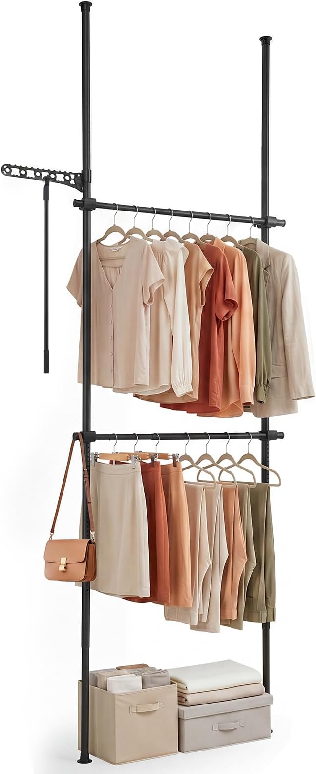 Giantex Floor to Ceiling Clothes Rack, 2 Rods Heavy Duty Garment Rack | Tension Pole Closet System w/ Folding Drying Rack, Reacher Pole, Metal Garment Organizer for Bedroom, Laundry Room, Closet