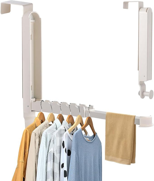 Over The Door Drying Rack, 1 Pack White Foldable Clothes Hanger Doors Hooks | Fits Doors Up To 1.88", Foldable Design, 6 Anti-Slip Slots with Extra Hanging Rod, Door Organizer Rack for Laundry Clothes