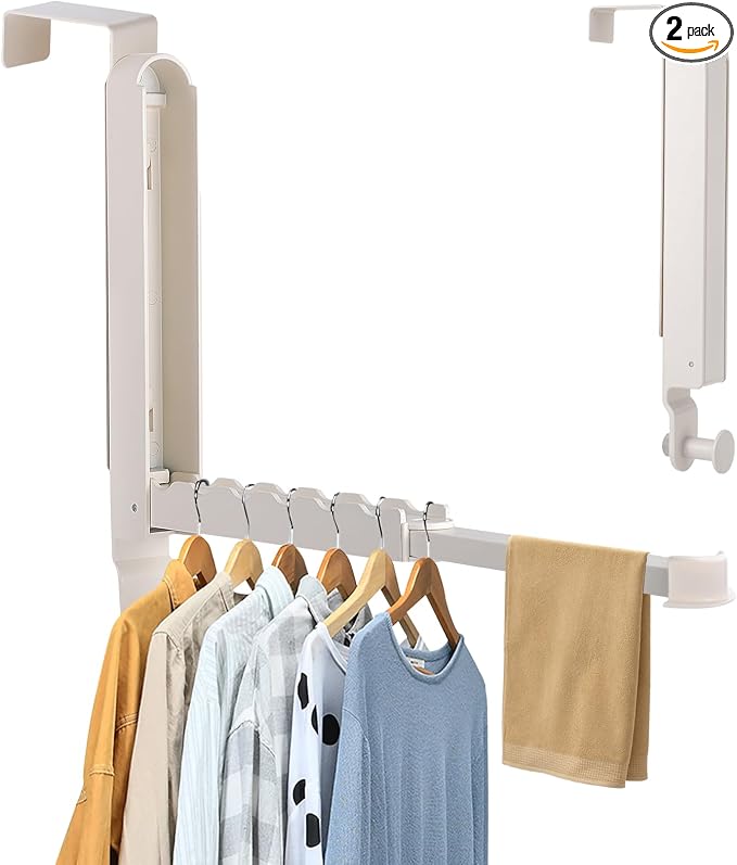 Over The Door Drying Rack, 2 Pack White Foldable Clothes Hanger Doors Hooks | Fits Doors Up To 1.88", Foldable Design, 6 Anti-Slip Slots with Extra Hanging Rod, Door Organizer Rack for Laundry Clothes