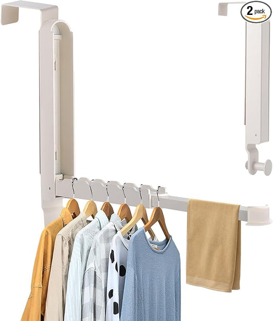 Over The Door Drying Rack, 2 Pack White Foldable Clothes Hanger Doors Hooks | Fits Doors Up To 1.88", Foldable Design, 6 Anti-Slip Slots with Extra Hanging Rod, Door Organizer Rack for Laundry Clothes