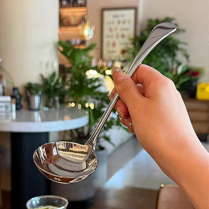 2-Piece Stainless Steel Small Ladle Set with Slanted Pour Spout, Sauce and Gravy Ladles, Modern Kitchen Utensil Set, 8-Inch Handle, Dishwasher Safe