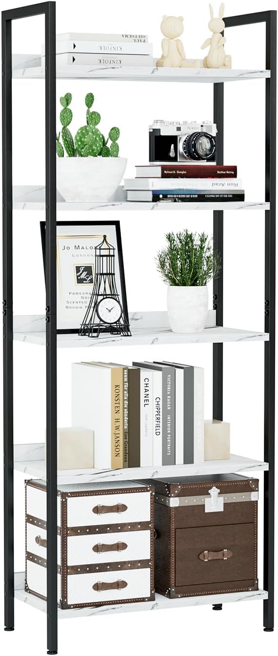NUMENN Bookshelf, 5 Tier Freestanding Shelving Unit, White Marble | Metal Frame & Wood Shelves, Falling Prevention Baffle, Open Storage Bookcase for Bedroom, Living Room & Home Office