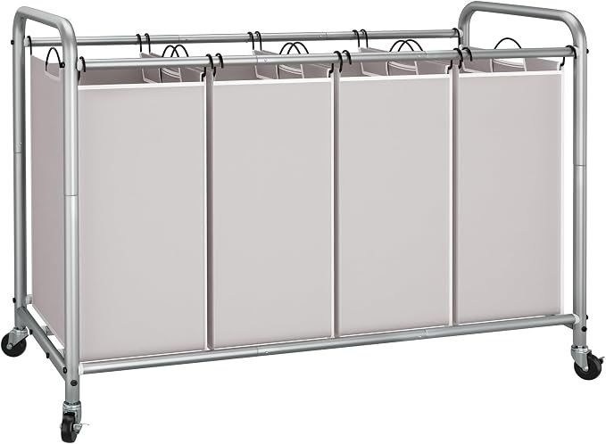 STORAGE MANIAC Laundry Sorter 4 Section, 47.5 Gal (180 L) Laundry Hamper with Wheels, Clothes Divider Basket Sorter, Separator Hamper Cart with Removable Bags, Gray