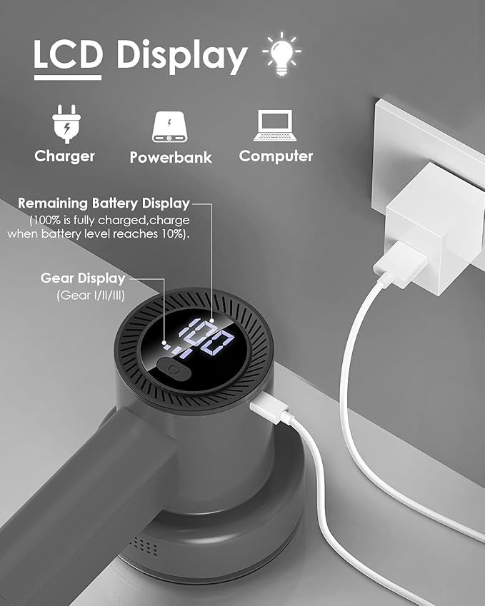 HOMEASY Fabric Shaver, Rechargeable Lint Remover for Clothes Grey | Electric sweater shaver and depiller with 70mm head, 6-leaf blades, LED battery display and Type-C charging for Furniture