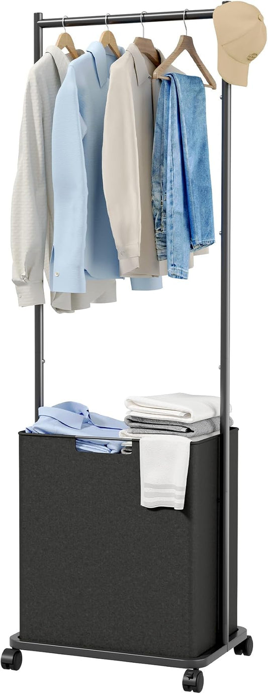 Clothes Rack - Space-Saving Clothing Rack for Hanging Clothes with Removable Laundry Basket, Reinforced Metal Garment Hanger with Wheels, Laundry Cart for Laundry, bathroom, 16.6"x12.6"x68.9", Black