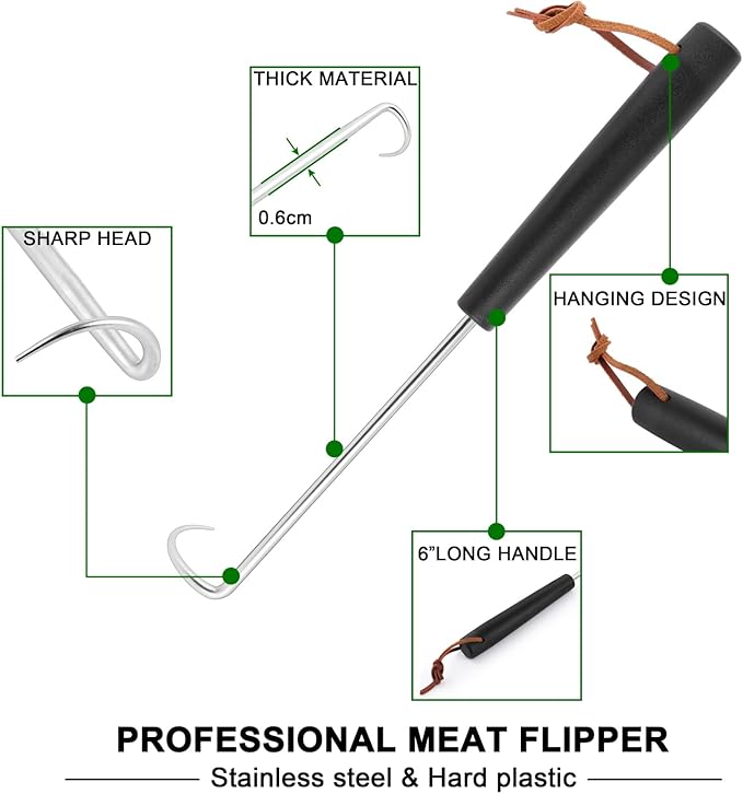Meat Hook Flipper Set of 2, HaSteeL Stainless Steel Pigtail Food Flipper Turner 12Inch, BBQ Accessories Great for Grilling Smoking Frying, Long Body & ABS Handle, Easy to Clean & Right Handed