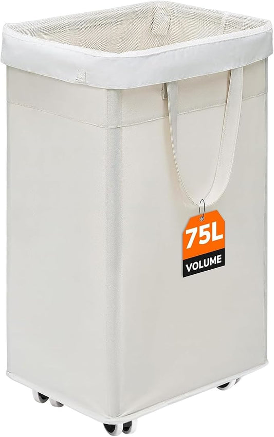 CHICVITA 75L Collapsible Laundry Hamper with Wheels & Wash Bag, White | Easy-carry handle, removable wash bag for dorms. Clothes laundry basket rolls smoothly on wheels