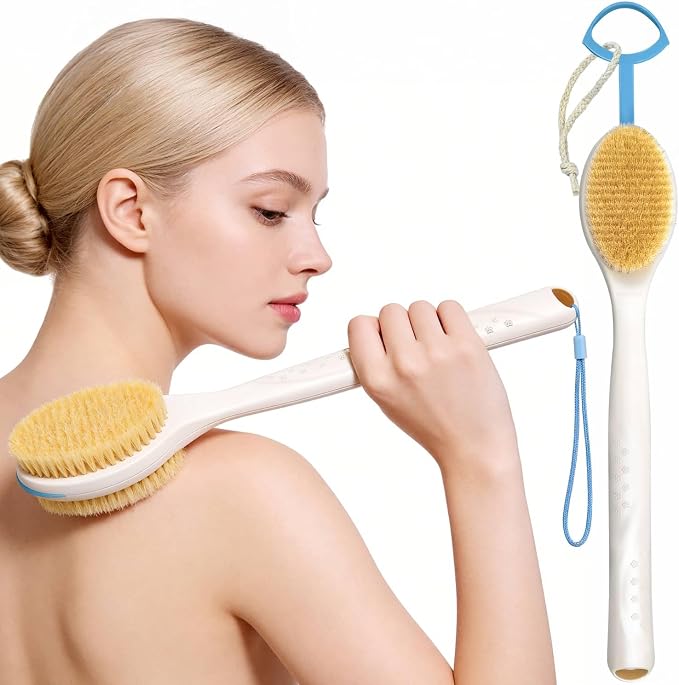 Extendable Back Scrubber –Non-Slip Dual-Sided, Deep Exfoliation | Two-hand pull -17.5"-31.5". Dual-sided stiff & soft bristles. Non-slip grip, quick-dry, rust-proof, rich lather.