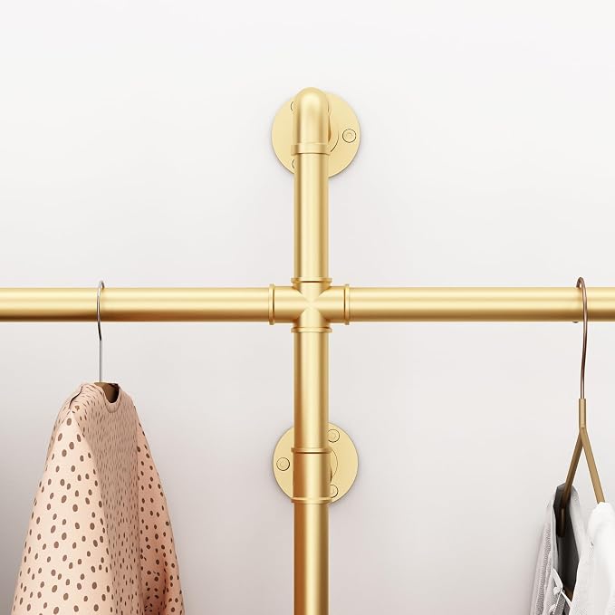 ORSENIGO Industrial Pipe Clothing Rack, Heavy Duty Clothes Rack for Hanging Clothes, Wall Mounted Display Garment Rack for Home Retail Boutique (Double, Gold)