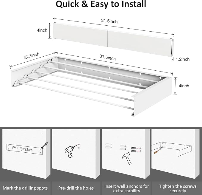 Laundry Drying Rack, Collapsible Wall Mounted Clothes Drying Rack - Drying Rack Clothing Foldable,Space Saving, 31" Wide, 13.2 Linear Ft, 5 Aluminum Rods, 60 lb Capacity (White, 31")