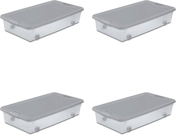 Sterilite 8-Pack Wheeled Latching Box, Under Bed Storage Containers, 56 Qt, Silver - Stackable Plastic Organizer Bins with Lids for Clothes, Shoes, Craft, and Bedroom Organization
