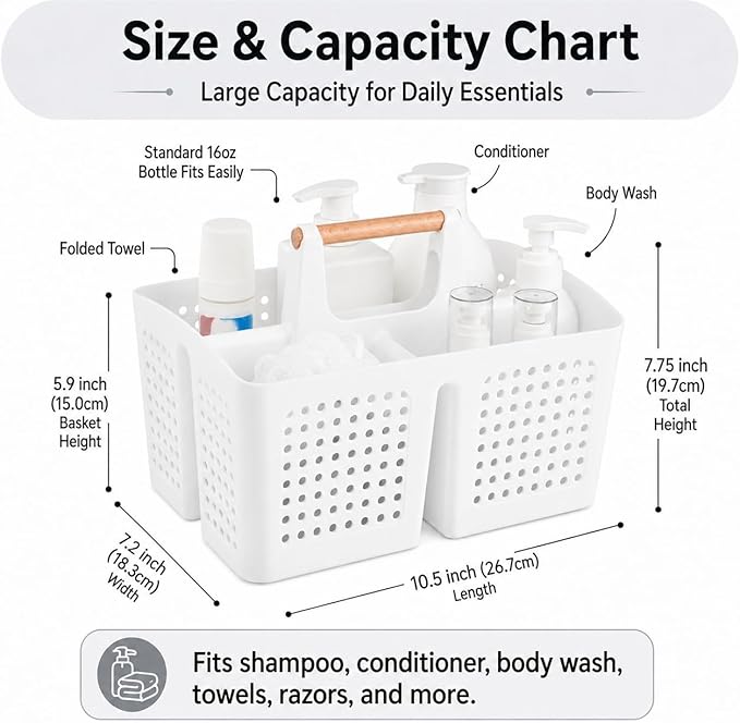 Portable Shower Caddy Basket with Wood Handle, 3-Compartment Bathroom Organizer Tote with Drain Holes, Plastic Shower Basket for Dorm, Toiletries, Cleaning Supplies, White