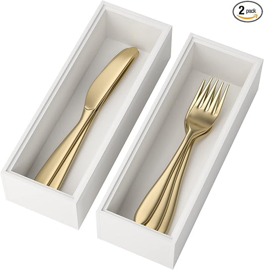 Lixple Utensil Organizer Silverware Drawer Organizer - Set of 2, Stackable Kitchen Organization, Bamboo Storage Box Tray for Kitchen Gadgets Bathroom Countertop (White)