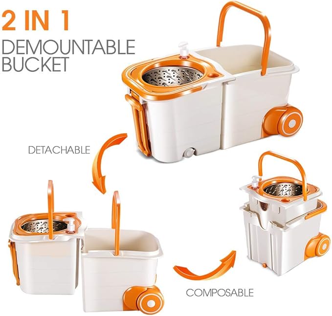 Masthome Mop and Bucket with Wringer Set, Easy Wring Spin Mop and Bucket with Wheels, 51" Stainless Steel Handle & 4 Microfiber Replacement Refills, Wet Dry Mop for Floor Cleaning
