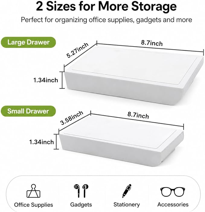 YOOUSOO 2 Pack Under Desk Storage Drawer Organizer Self Adhesive | Hidden Slide Out Drawer Attachment, with Self - Adhesive Feature for Desktop and Table Organization, Hidden Under Desk