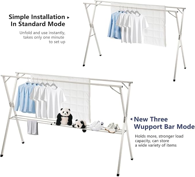shengshi 95in Foldable Clothes Drying Rack,3 Additional Reinforcement Bars | Heavy Duty Stainless Steel Laundry Drying Rack Indoor Outdoor, Adjustable Length Clothes Rack with 20 Windproof Hooks