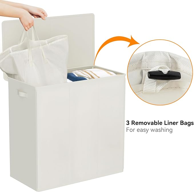 WOWLIVE 180L Laundry Hamper 3 Section, Large Laundry Basket with Lid | Dirty Clothes Hampers with Removable Bags and Handles, Collapsible Laundry Basket Organizer for Dorm Room, College, Beige