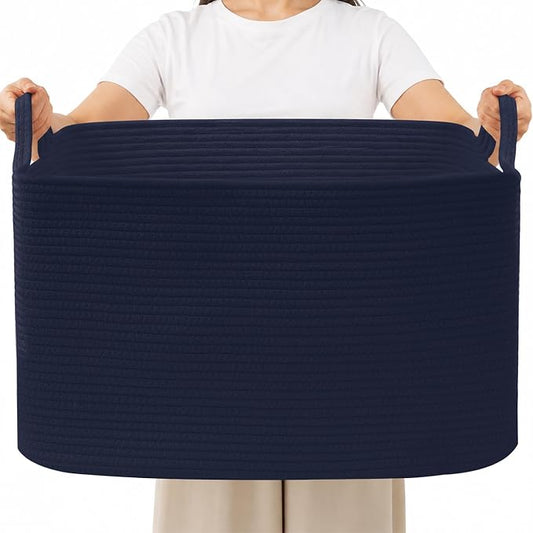 96L Woven Laundry Basket with Handles, Extra Blanket Basket,Navy | 24"×16"×15" Collapsible Cotton Rope Storage Basket for Toys Clothes & Pillows, Nursery, Bathroom, Bedroom, Living Room