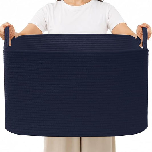 65L Large Laundry Basket with Handles,Woven Blanket Basket,Navy | 21"×16"×12" Collapsible Cotton Rope Storage Basket for Toys Clothes & Pillows, Nursery, Bathroom, Bedroom, Living Room