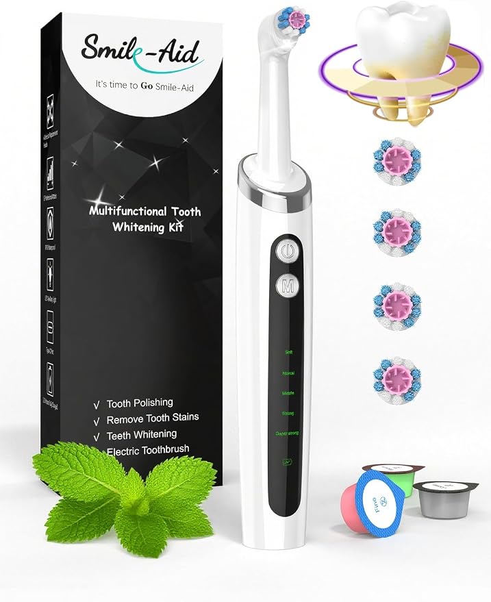 Tooth Polisher, Rechargeable Teeth Cleaning Tools Dental Kit | Teeth Whitening Kit with 5 3D White Replacement Brush Heads, 3 Tooth Polish Paste, Teeth Stain Remover Oral Care Tools