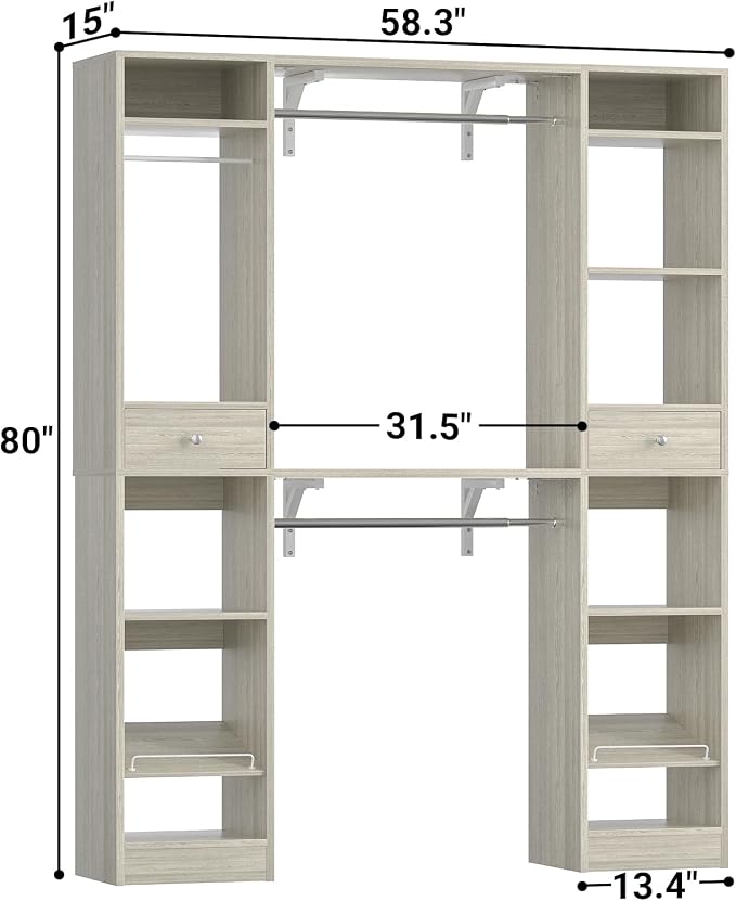 Unikito 58" W - 90" W Closet System, Large Walk in Closet Organizer with 3 Hanging Rods and Shelves, Heavy Duty Wood Closet Wardrobe with 2 Drawers and Shoe Rack, Reversible Clothing Rack, White Oak
