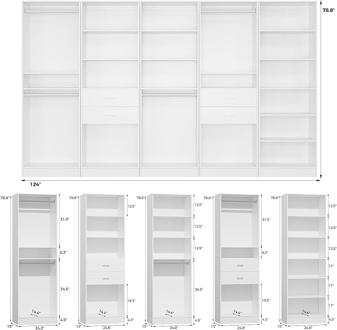 VOWNER 25'' Freestanding Closet System with 5 Adjustable Shelves, Wood Closet Organizer System, Walk-in Closet, Clothes Garment Rack, Adjustable Shelving Unit, Wardrobe Closet Bedroom Entryway