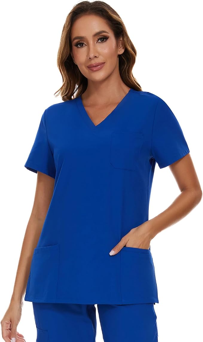 Scrubs Tops for Woman - Soft Stretch, V-Neck Tops | 3 Pockets, Side Split Design, Short Sleeve, Breathable & Lightweight Nursing Shirt, Easy-Care Fabric for All-Day Comfort