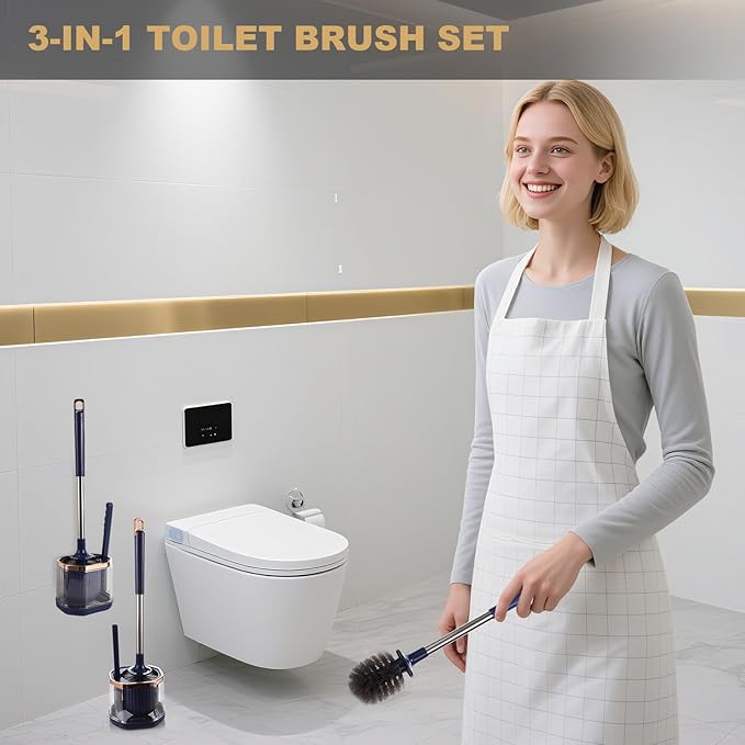 Toilet Bowl Brush and Holder 2 Pack Long Handled Toilet Brush Set for Bathroom with Gap Cleaning Brush and Clip deep Cleaning Wall-Mounted Household 3-in-1 Cleaning Brush Set （Blue）