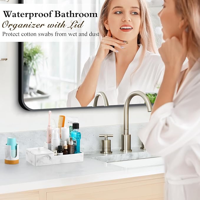 Luxspire Bathroom Counter Organizer with Lid, 6 Slots, Gravel White | Bathroom Vanity Organizer, Bathroom Organizer Countertop for Cotton Ball, Q-Tips, Floss