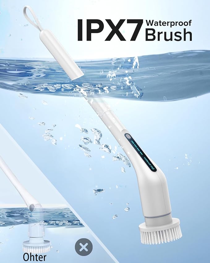 Electric Spin Scrubber, IPX7 Waterproof Cordless Shower Cleaner 2 Speeds 5 Replaceable Heads Adjustable Extension Handle for Bathroom,Toilet, Bathtub, Kitchen, Tile Floors