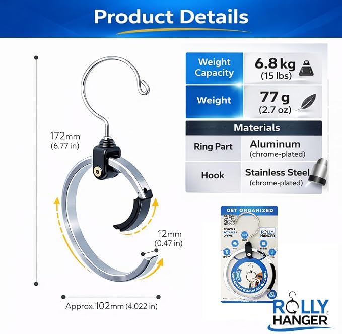 Rolly Hanger® Premium Closet Organizer, Rotating Aluminum Ring Hanger with 360° Swivel Hook, Space Saving Accessory Holder for Belts, Ties, Hats, Scarves, Purses & Handbags | Closet Organizer (3 Pack)