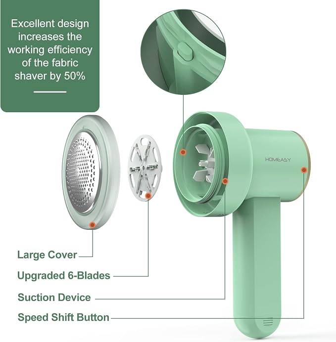 HOMEASY Fabric Shaver, Rechargeable Lint Remover for Clothes Green | Electric sweater shaver and depiller with 70mm head, 6-leaf blades, LED battery display and Type-C charging for Furniture