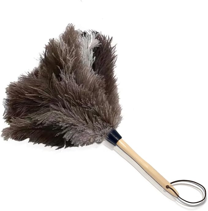 NCEDN Genuine Ostrich Feather Duster 15 inches – Soft Dense Real Feathers, Wooden Handle, Feather Duster for Cleaning Furniture, Blinds & Car Interior