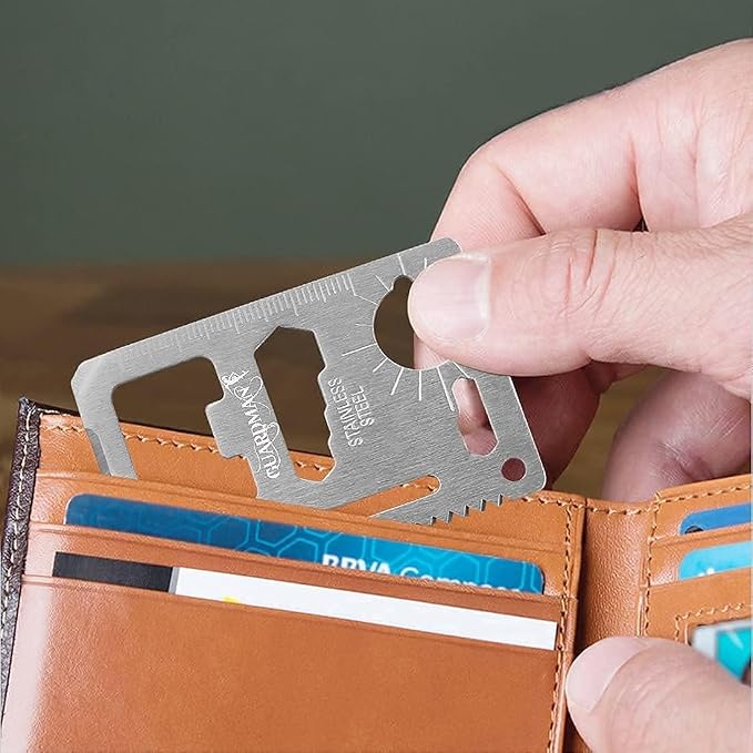 GUARDMAN 11-in-1 Survival Credit Card Multitool – Fathers Day Stocking Stuffer Christmas Gift - Multipurpose Tactical Wallet Tool With Bottle Opener, Survival Knife For Men Birthday Dad - 100 Pack