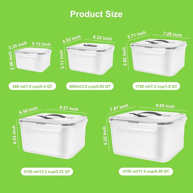5 Pack Fridge Storage Containers with Vent Handle BPA Free Plastic with Removable Colander, Stackable Refrigerator Organizer Bins Stackable Refrigerator Organizer Bins for Berry, Meat, Vegetable