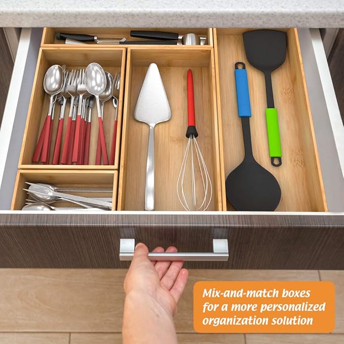 Bamboo Kitchen Drawer Organizer 12"x 3", Storage Box for Utensil Organizer | Wooden Silverware Tray Cutlery Holder Flatware Containers, Multi-Use Deep Drawer Dividers Organizer for Bathroom, Jewelry