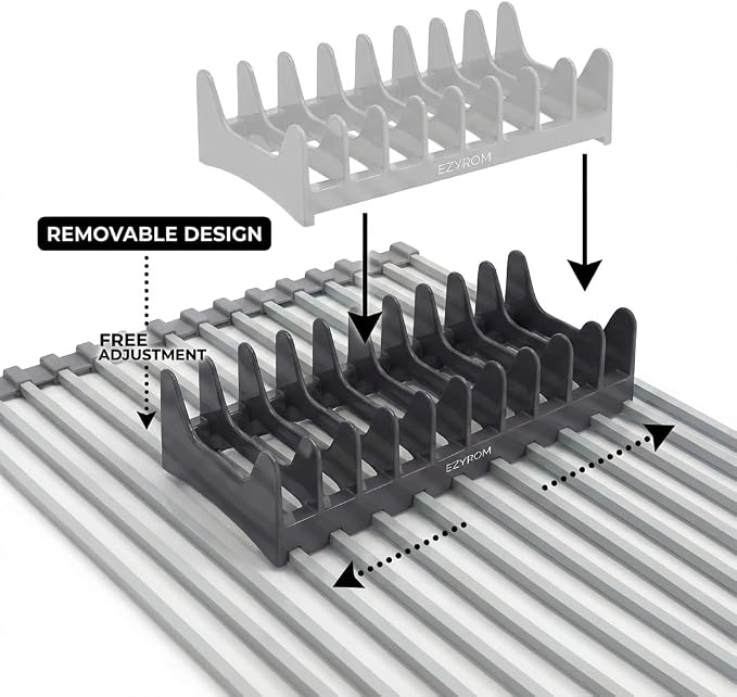 Small Aluminum Roll Up Dish Drying Rack with Removable Dish Holder (9" × 13") for Camping, RV, Camper, Boat & Narrow Sinks, Rust-Proof Square Bar, Purple Gray