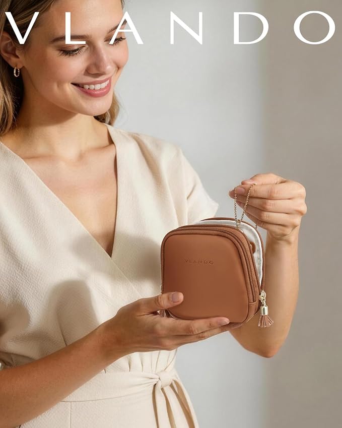 VLANDO 2-Layer Jewelry Travel Organizer for Necklaces,Rings,Earrings | Multi-Compartment Faux Leather Pouch with Velvet Lining Designed for Business Trips,Vacations,Daily Carry,Brown