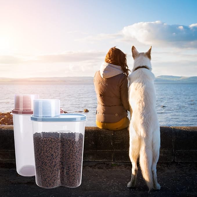 2 Pack 2lb/2.5L Pet Food Storage Container with Measuring Cup, Can Covers and Bowl for Small Dog, Cat, Waterproof-BPA Free (Blue and Pink)